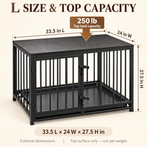 Dog Crate Furniture, 33.5" Metal Dog Kennel, Wood Tabletop, Black, view 3