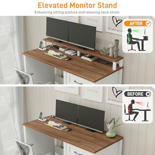 47" Farmhouse Executive Desk with Monitor Stand and LED Lights,4 Drawers Computer Desk with Power Outlets,Large Workspace for Work Study Writing.Unique White