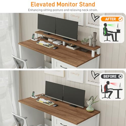 47" Farmhouse Executive Desk with Monitor Stand and LED Lights,4 Drawers Computer Desk with Power Outlets,Large Workspace for Work Study Writing.Unique White