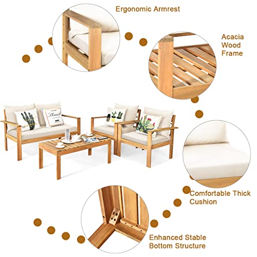 4 Piece Patio Furniture Set Outdoor Conversation Set Wood Sofa Table Set with Cushions, Acacia Wood Chairs & Coffee Table Set for Garden Backyard Poolside
