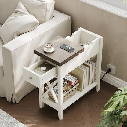 Farmhouse End Table with Charging Station, Accent Small Side Table Nightstand for Living Room, Bedroom, and Small Spaces, Soft White