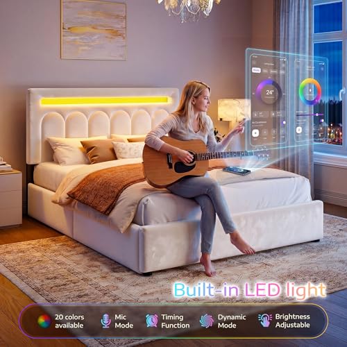 Beige Velvet Bed Frame with Storage and LED Lights, view 4