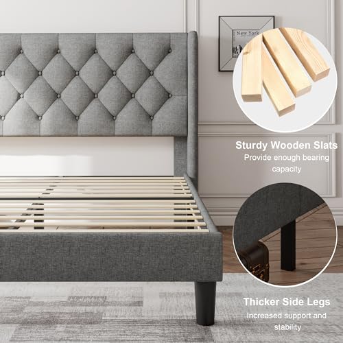 Queen Bed Frame with Upholstered Wingback Headboard, view 6