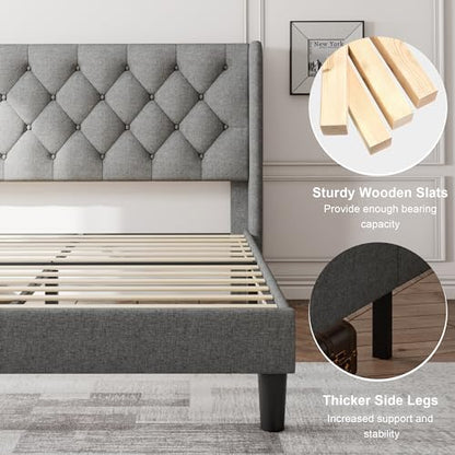 Queen Bed Frame with Upholstered Wingback Headboard, view 6