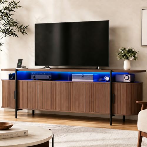 69" Mid Century Modern TV Stand,Curved Entertainment Center w/Sliding Doors, view 2