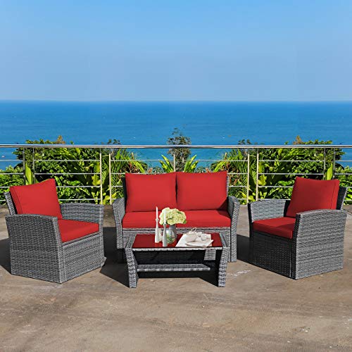 4 Pieces Patio Rattan Furniture Set, Outdoor Wicker Sofa Set with Tempered Glass Coffee Table, Cushions, All Weather Rattan Conversation Set for Yard Balcony Backyard Pool (Red)