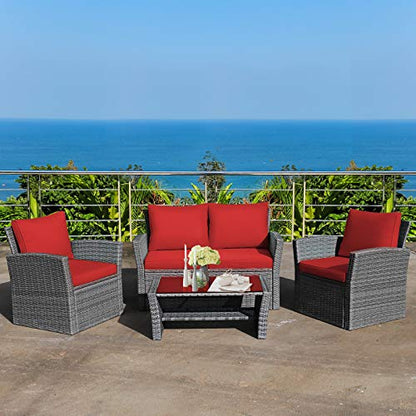4 Pieces Patio Rattan Furniture Set, Outdoor Wicker Sofa Set with Tempered Glass Coffee Table, Cushions, All Weather Rattan Conversation Set for Yard Balcony Backyard Pool (Red)