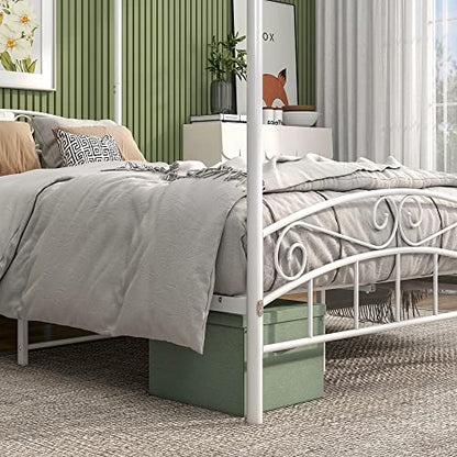 Metal Canopy Bed Frame Four-Poster, Full, White, view 7