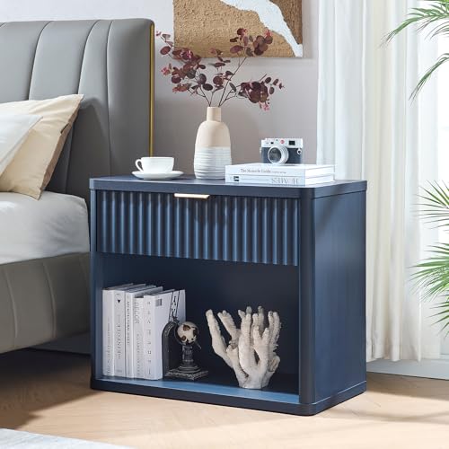 31" Wide Fluted Nightstand with Charging Station, Oversized Extra Large 1 Drawer Night Stand with Golden Handle, Blue Wood Bedside Table Tall End Tables,for Bedroom, Living Room, Hallway