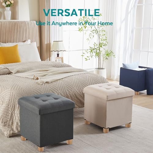 Ottoman with Storage, Square Storage Ottoman for Dorm, Linen Folding Ottoman Foot Stool with Legs for Living Room and Bedroom, 17.7"x17.7"x20" - Gray