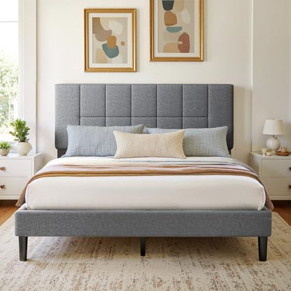 Upholstered Queen Bed Frame with Headboard, Modern Bed Frame, Gray, view 2