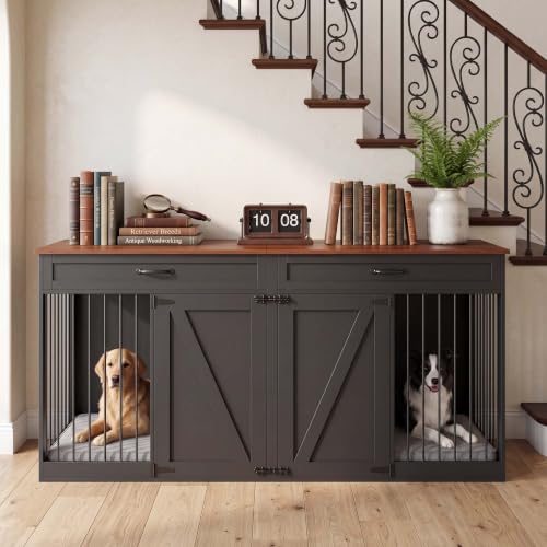 71'' Double Dog Crate Furniture for 2 Dogs, Dog Crate with 2 Drawer, view 3