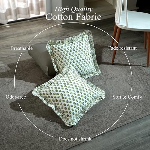 CPC Block Print Ruffle Throw Cover Emerald Green 18"x18" Inch Pack of 2-100% Cotton Ruffle Couch Decorative Boho Pillows Case for Living Room, Bedroom, Sofa, Farmhouse Gift for Spring, Mother's Day