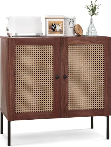 Buffet Cabinet, Rattan Sideboard Console Table Coffee Bar Accent Cabinet w/Adjustable Shelf, Walnut Credenza, Storage Cabinet for Entryway Kitchen Living Room Hallway (1, Walnut)