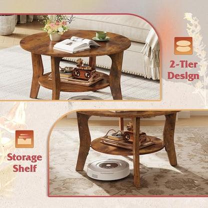 Round Coffee Table, 2-Tier Small Coffee Table with Storage Shelf, Circle Wood Center Table for Living Room, Apartment, Easy Assembly, Rustic Brown