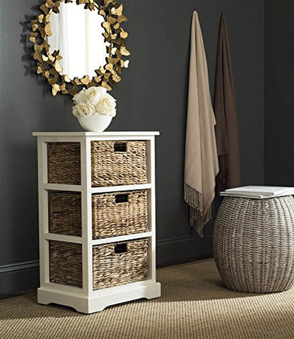 SAFAVIEH Furniture - Halle 3-Basket Side Table - Vintage White - Solid Wood - Coastal Basket Storage Design - Ideal for Living Room, Entryway, 17.5" W x 13.5" D x 29.5" H - Fully Assembled (AMH5738B)