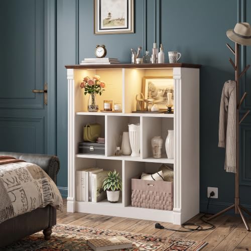 7 Cube Storage Organizer, Bookcases with LED Lighting, White | Anti-Tip Safety Design, Power Outlet Keep Cords Tidy, Sturdy Engineered Wood