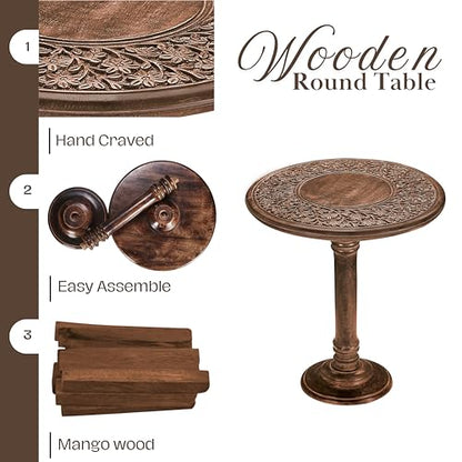 Wooden End Table for Living Room - 18x22 Burnt Finish Carved Side Table, Single Pillar Nightstand, Bedside Table for Books, Plants, Magazines, Small Space Accent Table