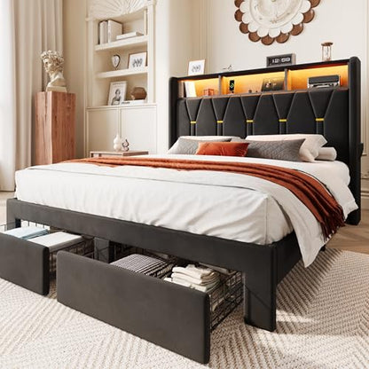 Queen Bed Frame, 2 Storage Drawers & 2-Tier Storage Headboard, view 3
