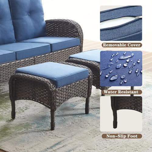 Outdoor Ottomans for Patio Foot Rest - 25 Inch PE Wicker Foot Stool Set of 2 with Removable Cushions for Patio Furniture Sets,All Weather Rattan Ottoman for Balcony Deck Backyard Brown