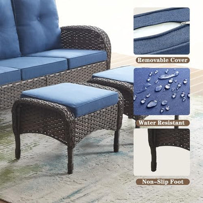 Outdoor Ottomans for Patio Foot Rest - 25 Inch PE Wicker Foot Stool Set of 2 with Removable Cushions for Patio Furniture Sets,All Weather Rattan Ottoman for Balcony Deck Backyard Brown
