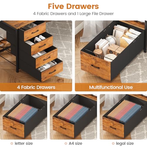 Home Office Desk with File Drawer & Power Outlet, 75'' Large Computer Desk with 5 Drawer, Storage Shelves, Monitor Shelf and Led Lights, 23.6" W Desktop Gaming Desk, Rustic Brown