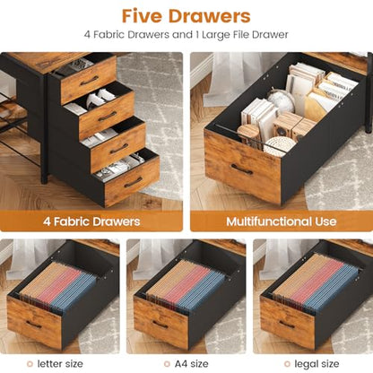 Home Office Desk with File Drawer & Power Outlet, 75'' Large Computer Desk with 5 Drawer, Storage Shelves, Monitor Shelf and Led Lights, 23.6" W Desktop Gaming Desk, Rustic Brown