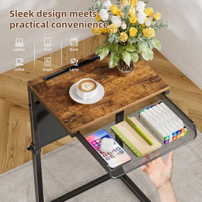 Side Table, C Shaped End Table with Charging Station, Couch Table with Storage Bag, Adjustable Height, Rustic Brown