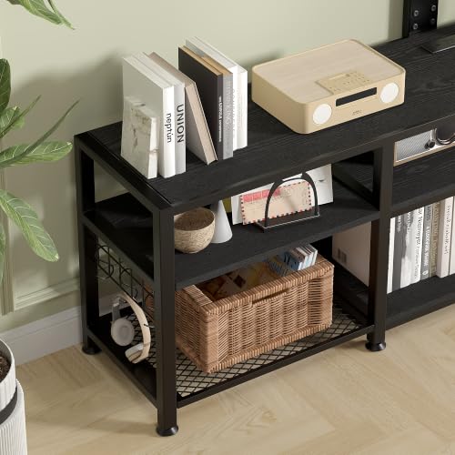 71" TV Stand with Mount and Power Outlets, Entertainment Center with Open Storage Shelves, Height Adjustable Mount up to 80”, Wooden Table and Metal Frame for Living Room, Matte Black