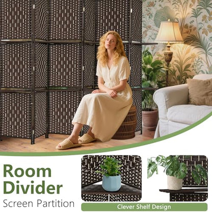 Room Divider 6 Panel Room Screen Divider Folding Portable partition Screen Wood with Removable Storage Shelves, Dark Brown
