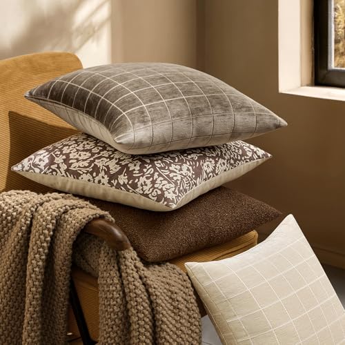 Taupe Grey Plaid Decorative Fall Throw Pillow Covers 20x20 Set of 2, view 7