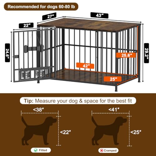 43" Foldable Dog Crate Furniture for Large Dogs, Brown（DC108）, view 6