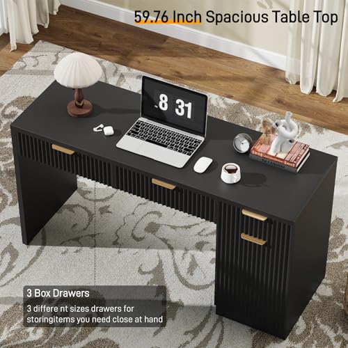 60" Executive Desk with Fluted Drawers, Fluted Desk, Black, view 4