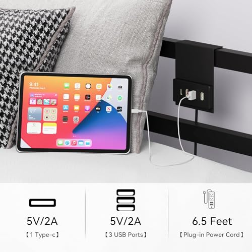 Canopy Bed Frame, Four Poster Platform Bed with USB Charging Station, view 4