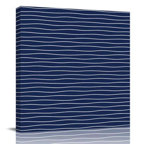 Modern Navy Blue Wavy Stripe Canvas Print Wall, Abstract Trend Rippling Water Lines Framed Canvas Art Wall Decor Pictures Painting Artwork for Living Room Bedroom, Ready to Hang, 28" x 28"