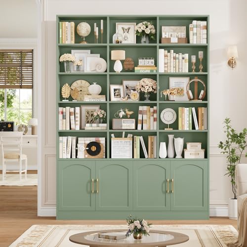 82.3" Triple Wide Bookshelf, 7-Tier Tall Bookcase with 15-Cube Open Bookshelf & 4 Doors, Large Bookshelf with Storage Cabinet, Modern Bookshelf for Living Room, Office, Study Room, Green