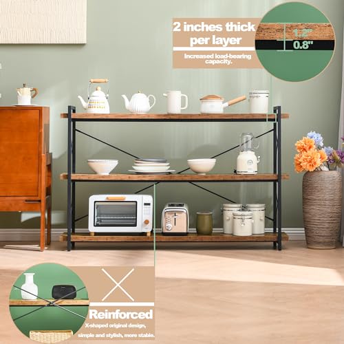 Bookshelf, 3-Tier Long Industrial Bookcase, Rustic Open Book Shelf, Freestanding Horizontal Bookshelves with Metal Frame