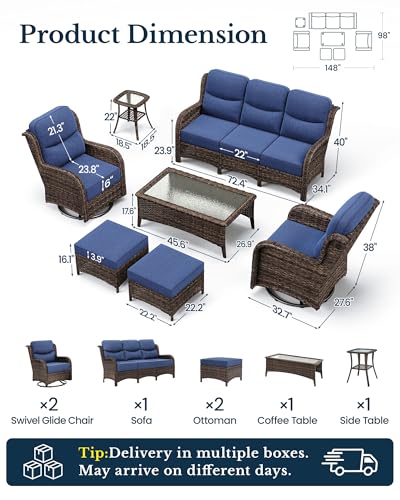 7-Piece Luxury Patio Furniture Set with 6" Thick Cushions, Weather-Resistant Wicker High Back Swivel Rocker Chairs, Senior-Friendly Outdoor Sofa Set for Large Deck, Yard and Poolside, Blue(V2)
