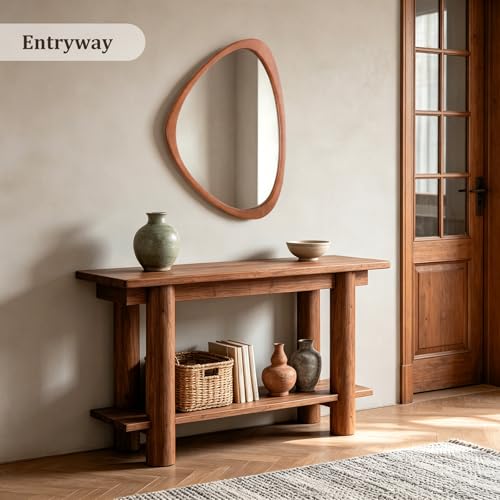 20" H x 25.5" W Asymmetrical Mirror, Irregular Wooden Wall Mirror for Bedroom, Living Room,Entryway– Boho Mid Century Modern Decorative, Solid Wood Frame, Pebble Shaped Design (Walnut)