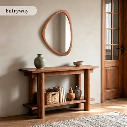 20" H x 25.5" W Asymmetrical Mirror, Irregular Wooden Wall Mirror for Bedroom, Living Room,Entryway– Boho Mid Century Modern Decorative, Solid Wood Frame, Pebble Shaped Design (Walnut)
