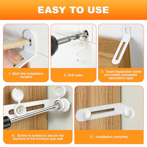 12 Pack Furniture Anchors for Baby Proofing, Anti Tip Furniture Anchors Kit(450lb), Furniture Wall Anchor for Dresser, Cabinet & Bookcase, Earthquake, Baby & Pet Safety in Nursery, Living Room (White)