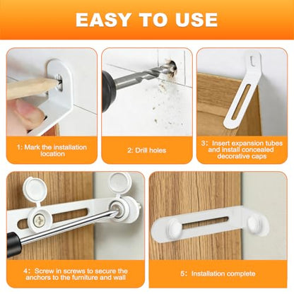 12 Pack Furniture Anchors for Baby Proofing, Anti Tip Furniture Anchors Kit(450lb), Furniture Wall Anchor for Dresser, Cabinet & Bookcase, Earthquake, Baby & Pet Safety in Nursery, Living Room (White)