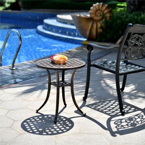 Outdoor 19" Cast Aluminum Round Side Table End Table for Patio, Backyard, Pool, Indoor Companion, Easy Maintenance and Weather Resistant, Bronze