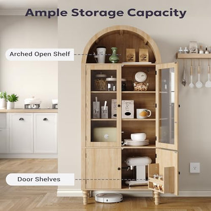 71" Tall Arched Pantry Cabinet, Modern Kitchen Storage Cabinet with Doors, 3 Adjustable Shelves, Door Shelves, Organizer, Versatile Cupboard for Kitchen, Bathroom, Natural
