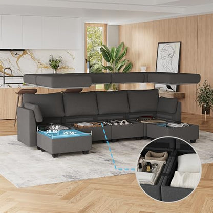 Modular Sectional Sofa with Storage, U Shaped Sectional Couch for Living Room, Convertible Modular Sofa Couch with Ottomans, High Supportive & Soft Sponge, 6 Seat, Darkgrey