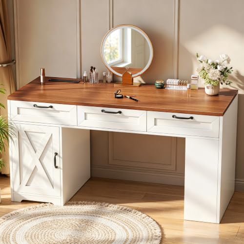 55" Farmhouse Desk with Charging Station & Drawers, Walnut White, view 8