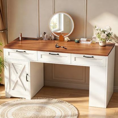 55" Farmhouse Desk with Charging Station & Drawers, Walnut White, view 8
