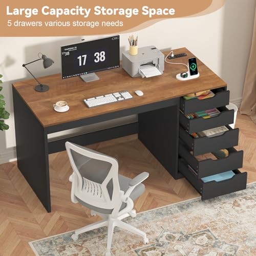 47 Inch Computer Desk with 5 Drawers and Power Outlets, Home Office Desks with Storage File Cabinet, Modern Simple Laptop Desk Writing Table for Small Spaces, Brown and Black