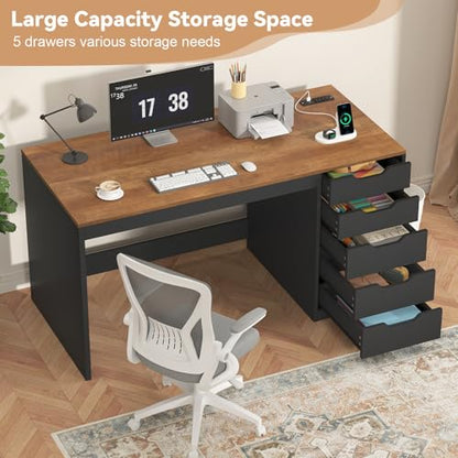 47 Inch Computer Desk with 5 Drawers and Power Outlets, Home Office Desks with Storage File Cabinet, Modern Simple Laptop Desk Writing Table for Small Spaces, Brown and Black