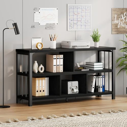 Horizontal Cube Book shelf, Industrial Modern Open Bookshelf, Low Wide Home 5 Cube Storage Organizer Long Shelf for Bedroom, Short Wood and Metal Cubby Book Shelf for Living Room, Black Oak, 47 In